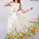 Artsy Yellow Chiffon Floral Prom Dress with Rainbow Floral Print and Extra Wide Skirt Hem