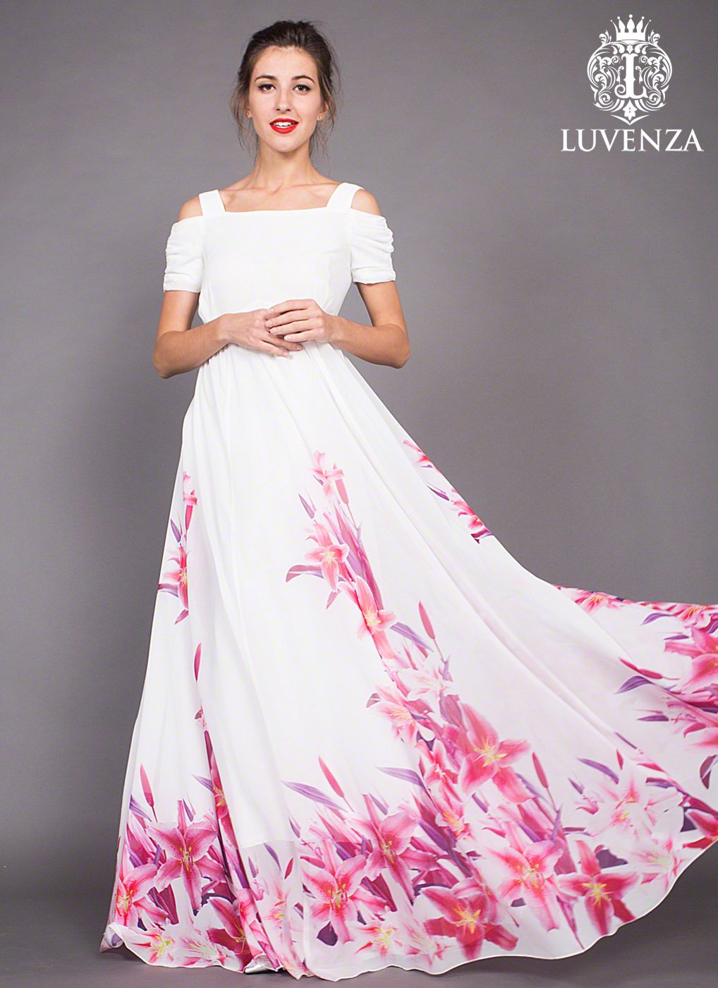 White Chiffon Open Shoulder Maxi Dress with Pink Lily Flower Print