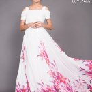 White Chiffon Open Shoulder Maxi Dress with Pink Lily Flower Print