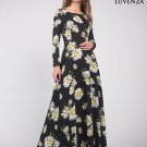 Long Sleeve Black Daisy Print Maxi Dress with Long Flowing Skirt