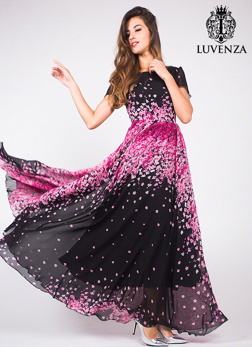 Short Sleeve Black Chiffon Eveneing Maxi Dress with Pink Flower Print