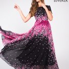 Short Sleeve Black Chiffon Eveneing Maxi Dress with Pink Flower Print