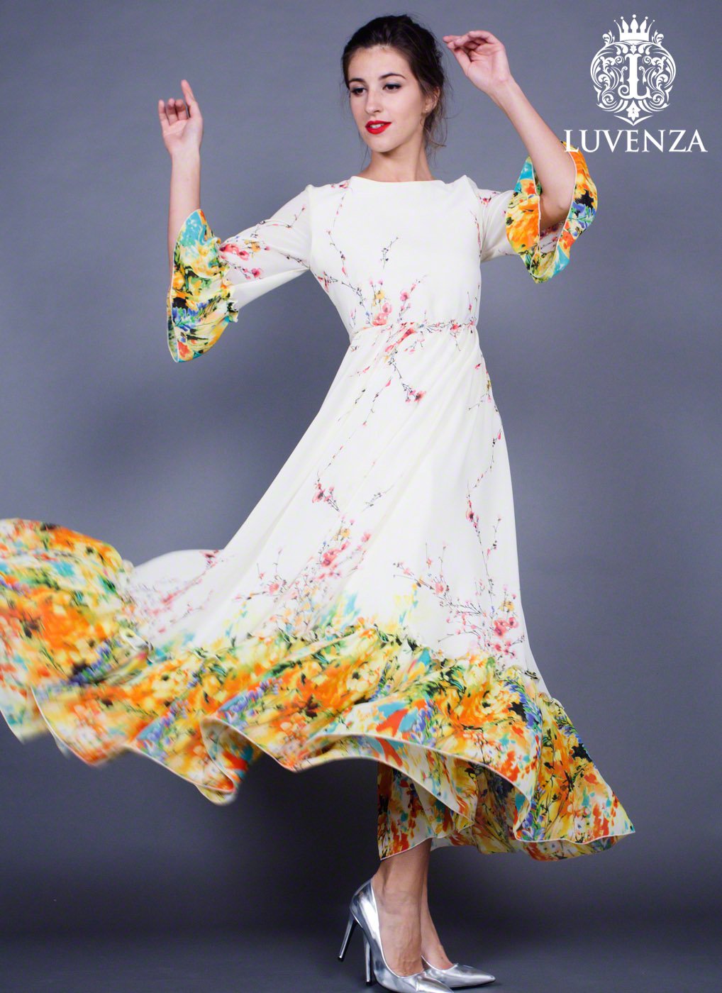 Yellow Chiffon Floral Maxi Length Party Dress with Boat Neckline and Trumpet Sleeve