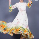 Yellow Chiffon Floral Maxi Length Party Dress with Boat Neckline and Trumpet Sleeve
