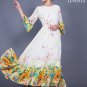 Yellow Chiffon Floral Maxi Length Party Dress with Boat Neckline and Trumpet Sleeve