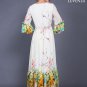 Yellow Chiffon Floral Maxi Length Party Dress with Boat Neckline and Trumpet Sleeve