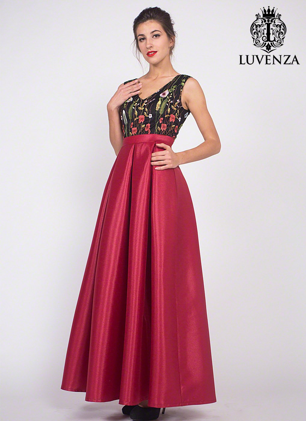 Black Embroidered Tulle Lace Bodice Prom Dress with Long Shiny Red Satin Skirt  Regular price