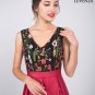 Black Embroidered Tulle Lace Bodice Prom Dress with Long Shiny Red Satin Skirt Regular price