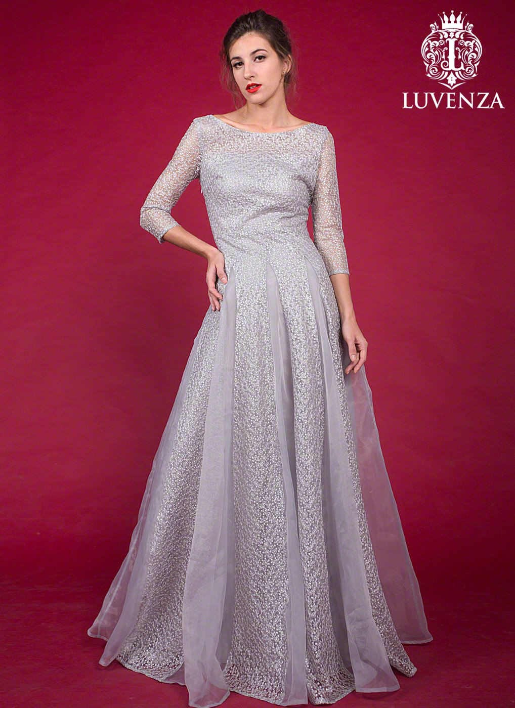 Long Gray Star Embroidered Lace Vintage Style Evening Gown with Long Sleeves