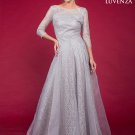 Long Gray Star Embroidered Lace Vintage Style Evening Gown with Long Sleeves