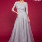 Long Gray Star Embroidered Lace Vintage Style Evening Gown with Long Sleeves