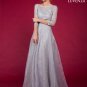 Long Gray Star Embroidered Lace Vintage Style Evening Gown with Long Sleeves