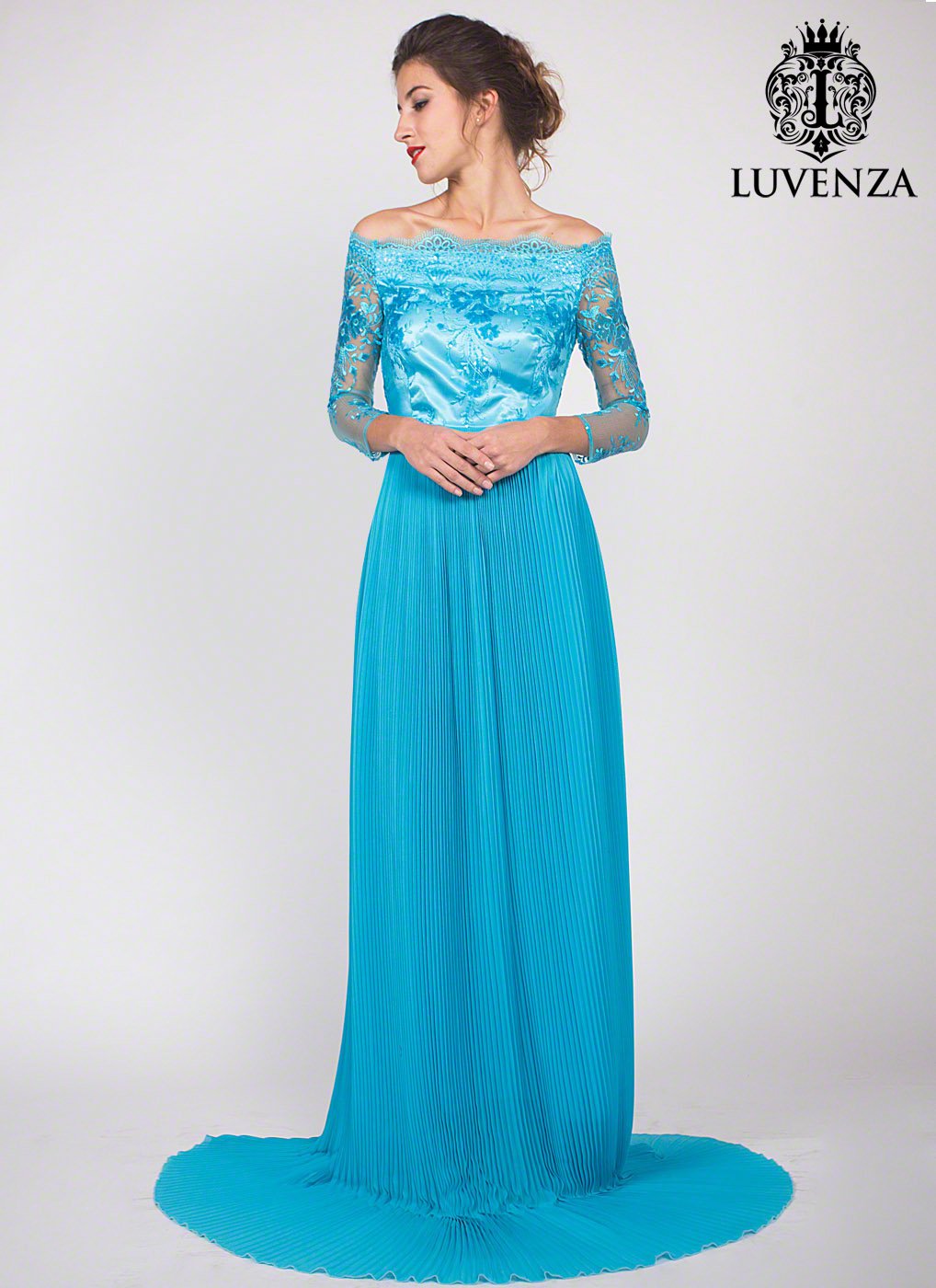 Floor Length Sky Blue Off the Shoulder Evening Gown with Hand-Sewn Sequin Embellishment