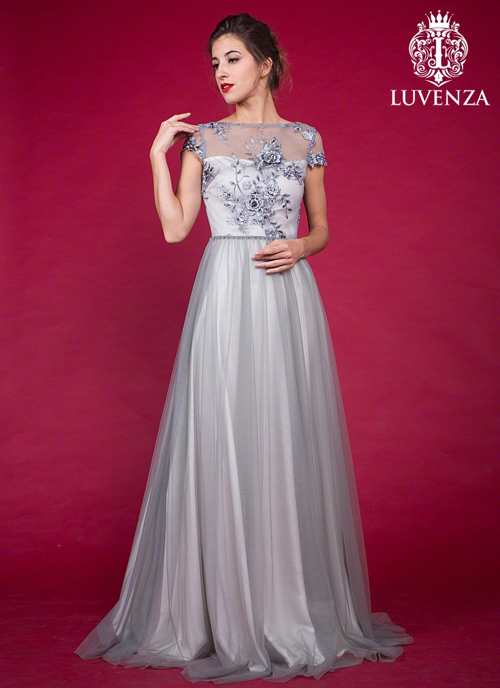 Cap Sleeved Floor Length Tulle Grey Prom Dress with Rhinestone Embellishment