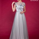 Cap Sleeved Floor Length Tulle Grey Prom Dress with Rhinestone Embellishment