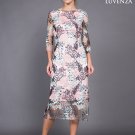 Nude Pink Floral Embroidered Organza Lace Midi Dress with High Back Slit