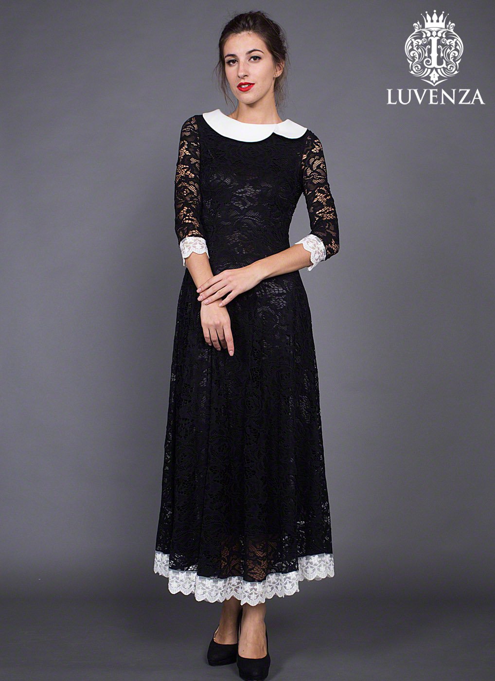 Retro A Line Silhouette Black Lace Maxi Dress with White Lace Trim