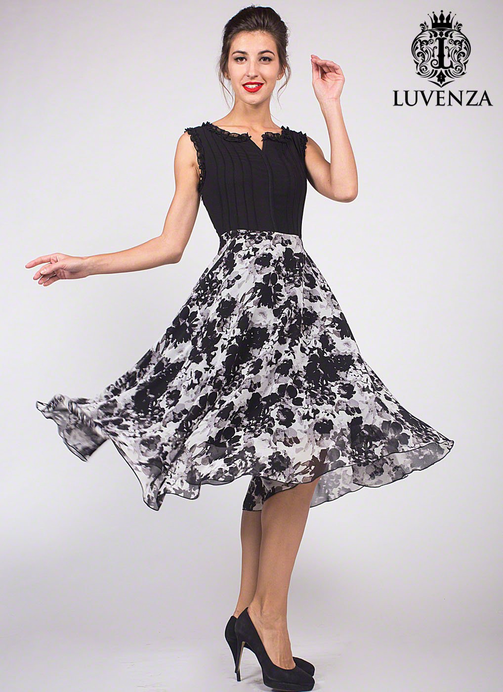 Black Ink Paint Style Floral Mini Dress with Pleated Top and Vented Neck