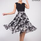 Black Ink Paint Style Floral Mini Dress with Pleated Top and Vented Neck