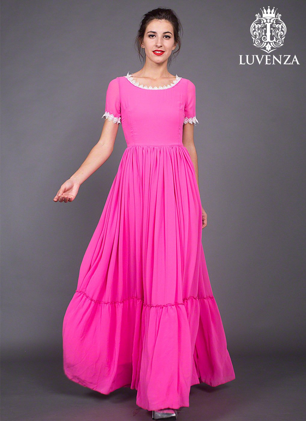 Fuchsia Chiffon Maxi Dress with Ruffled Skirt and White Lace Details