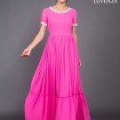 Fuchsia Chiffon Maxi Dress with Ruffled Skirt and White Lace Details