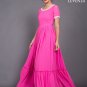 Fuchsia Chiffon Maxi Dress with Ruffled Skirt and White Lace Details