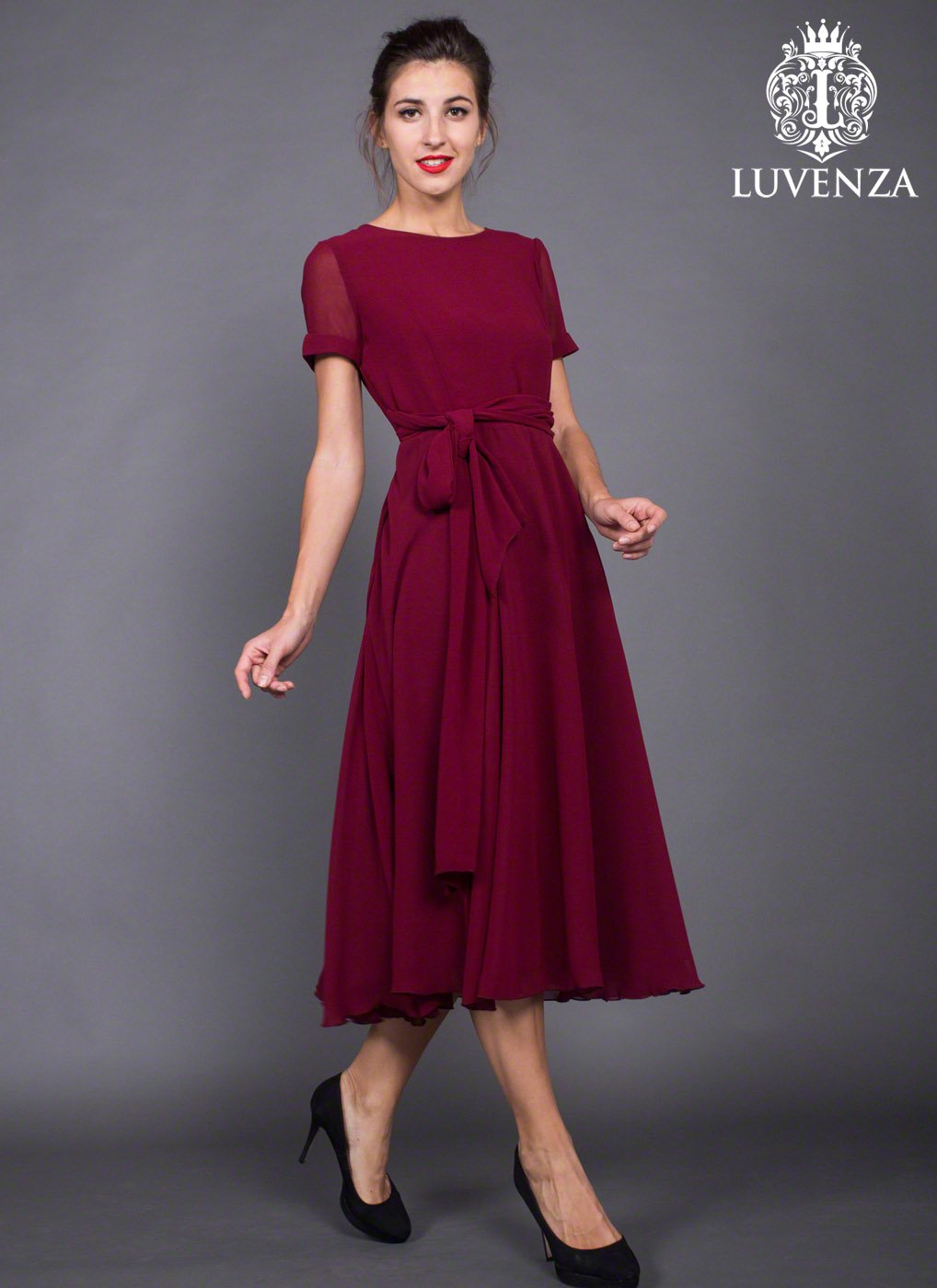 Short Sleeve Tea Length Maroon Chiffon Midi Dress with Sash