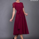 Short Sleeve Tea Length Maroon Chiffon Midi Dress with Sash