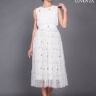 White Embroidered Floral Tulle Lace Midi Dress with Pleated Top