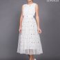White Embroidered Floral Tulle Lace Midi Dress with Pleated Top
