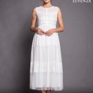 White Lace Tulle Midi Dress with Banded Top and Lace Trim Applique Skirt
