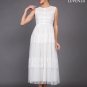White Lace Tulle Midi Dress with Banded Top and Lace Trim Applique Skirt