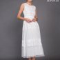 White Lace Tulle Midi Dress with Banded Top and Lace Trim Applique Skirt