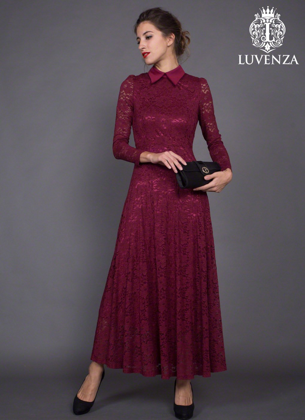 Long Sleeve Maroon Lace Maxi Dress with Shirt Collar