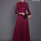 Long Sleeve Maroon Lace Maxi Dress with Shirt Collar