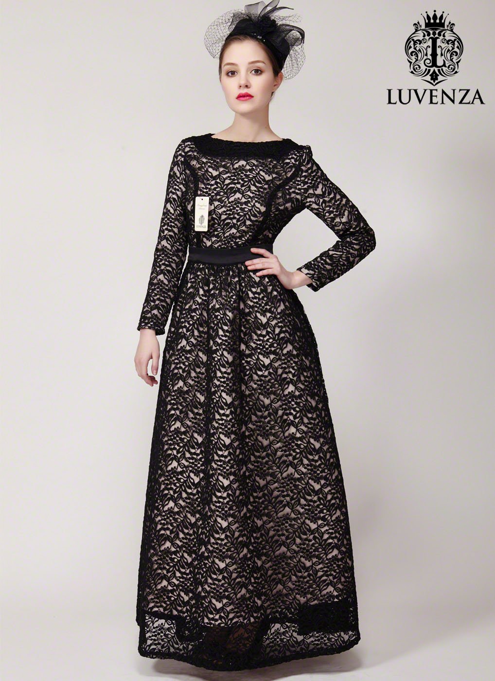 Vintage Style Black Maxi Length Evening Dress with Nude Lining