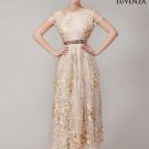 Champagne Tulle Lace Floral Embroidered Maxi Length Evening Dress