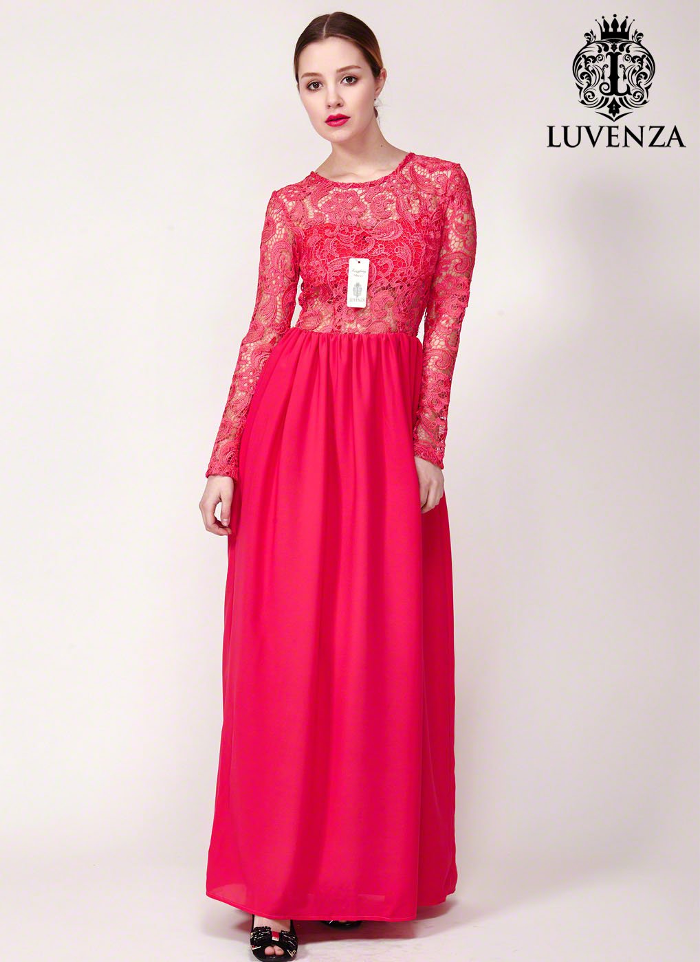 Maxi Length Open Back Sheer Lace Bodice and Chiffon Skirt Evening Gown