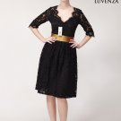Sophisticated V Neck Knee Length Floral Lace Cocktail Dress with Satin Waist