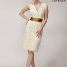V Neck Short Floral Lace Cocktail Dress with Satin Waist Band