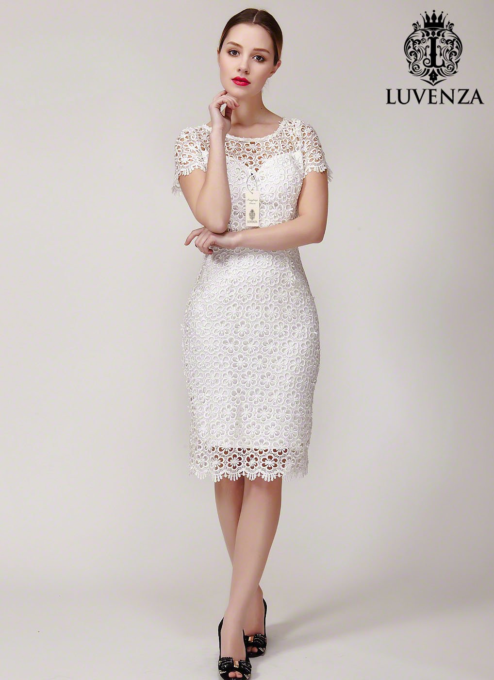 Retro Backless Floral Lace Knee Length Sheath Dress with Scallop Lace Trim
