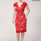 Knee Length Lace Cocktail Dress with Deep V Neckline and Sheath Silhouette