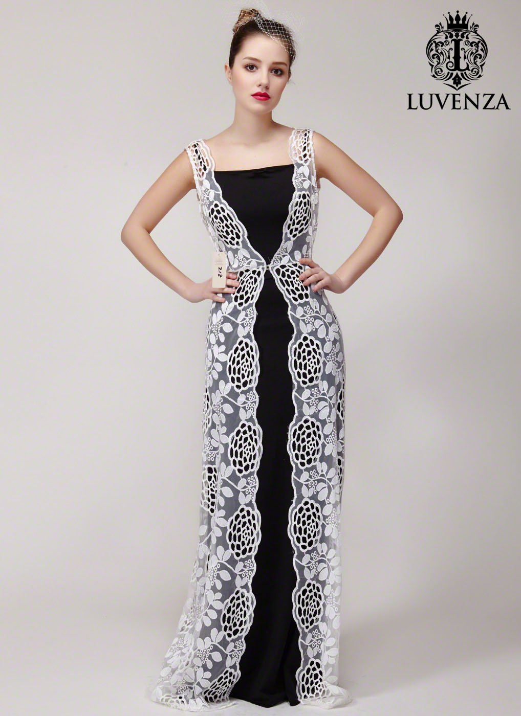 Elegant V Back Long Lace Evening Dress with Contrast Color Slip