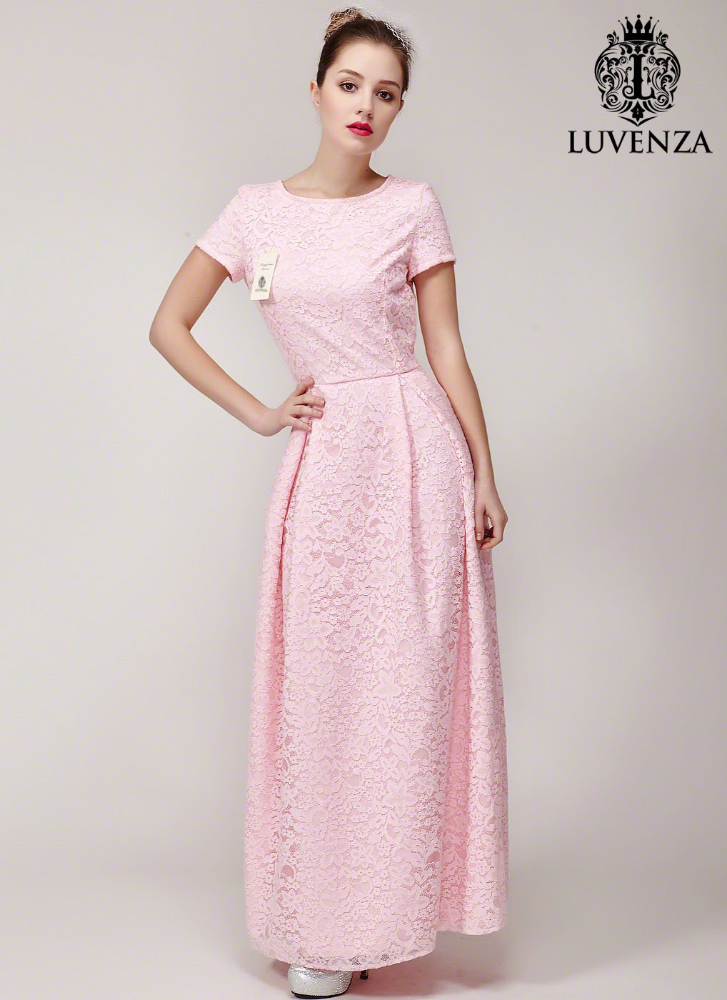 Short Sleeved Pink Floral Lace Maxi Length Formal Dress with Boat Neckline