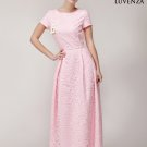 Short Sleeved Pink Floral Lace Maxi Length Formal Dress with Boat Neckline