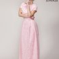 Short Sleeved Pink Floral Lace Maxi Length Formal Dress with Boat Neckline