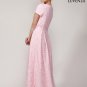 Short Sleeved Pink Floral Lace Maxi Length Formal Dress with Boat Neckline