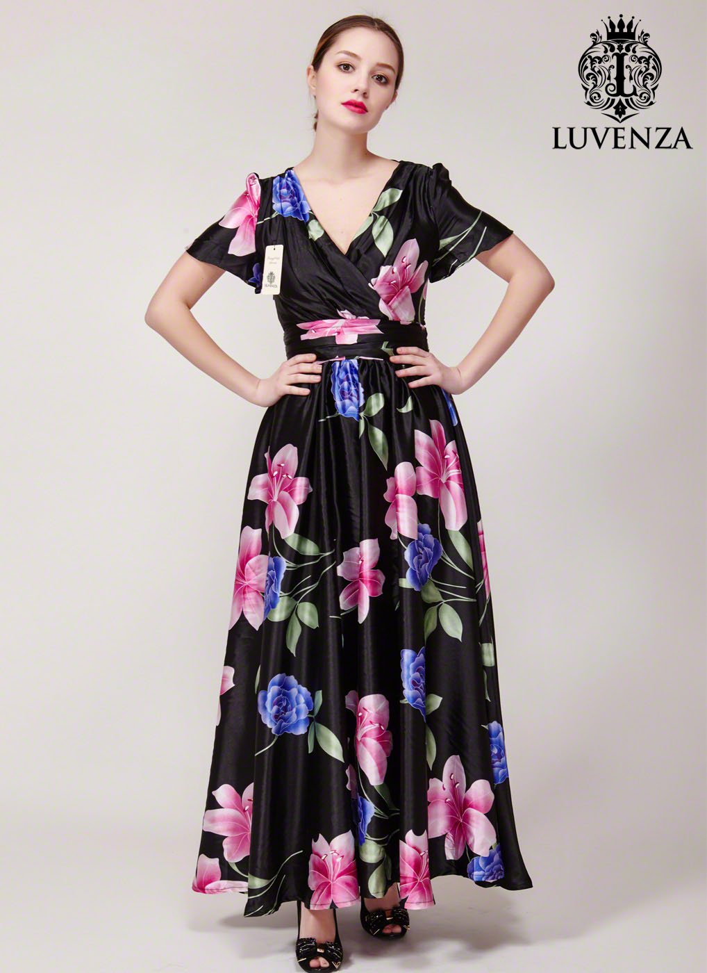 Versatile Short Sleeve V Neck Black Maxi Dress with Pink and Blue Flower Print