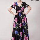 Versatile Short Sleeve V Neck Black Maxi Dress with Pink and Blue Flower Print
