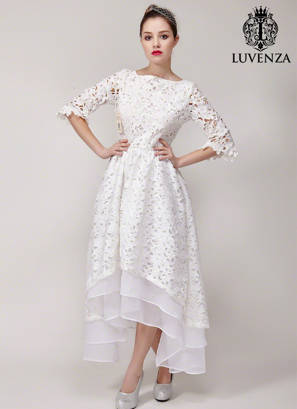 White Lace High Low Lace Wedding Dress with Exposed Organza Layered Skirt Hem